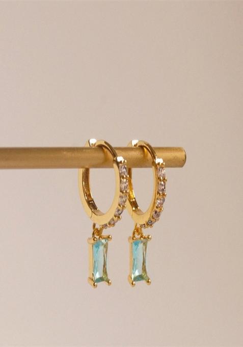 18K Gold Plated Waterproof Anti Tarnish Aqua Blue Zircon Drop Huggies