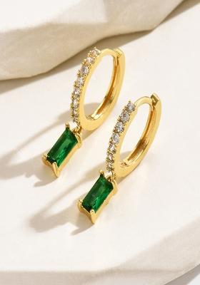 18K Gold Plated Waterproof Anti Tarnish Green Zircon Drop Huggies