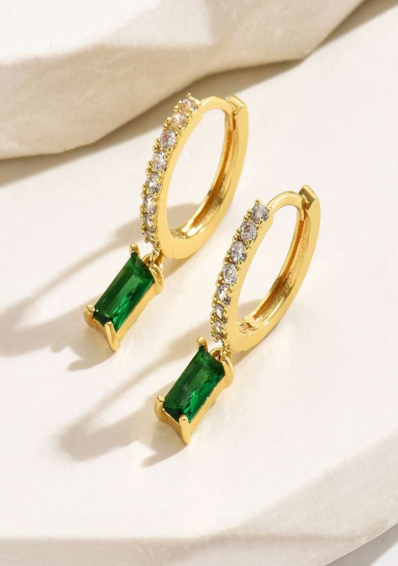 18K Gold Plated Waterproof Anti Tarnish Green Zircon Drop Huggies - Indya
