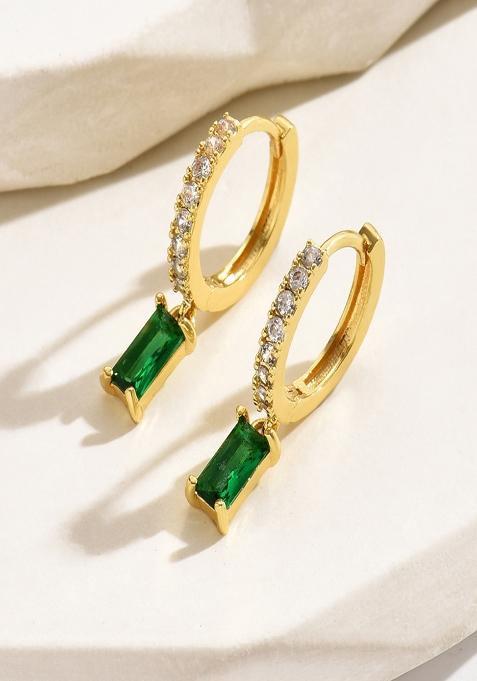 18K Gold Plated Waterproof Anti Tarnish Green Zircon Drop Huggies