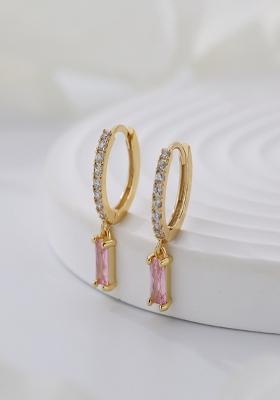 18K Gold Plated Waterproof Anti Tarnish Pink Zircon Drop Huggies