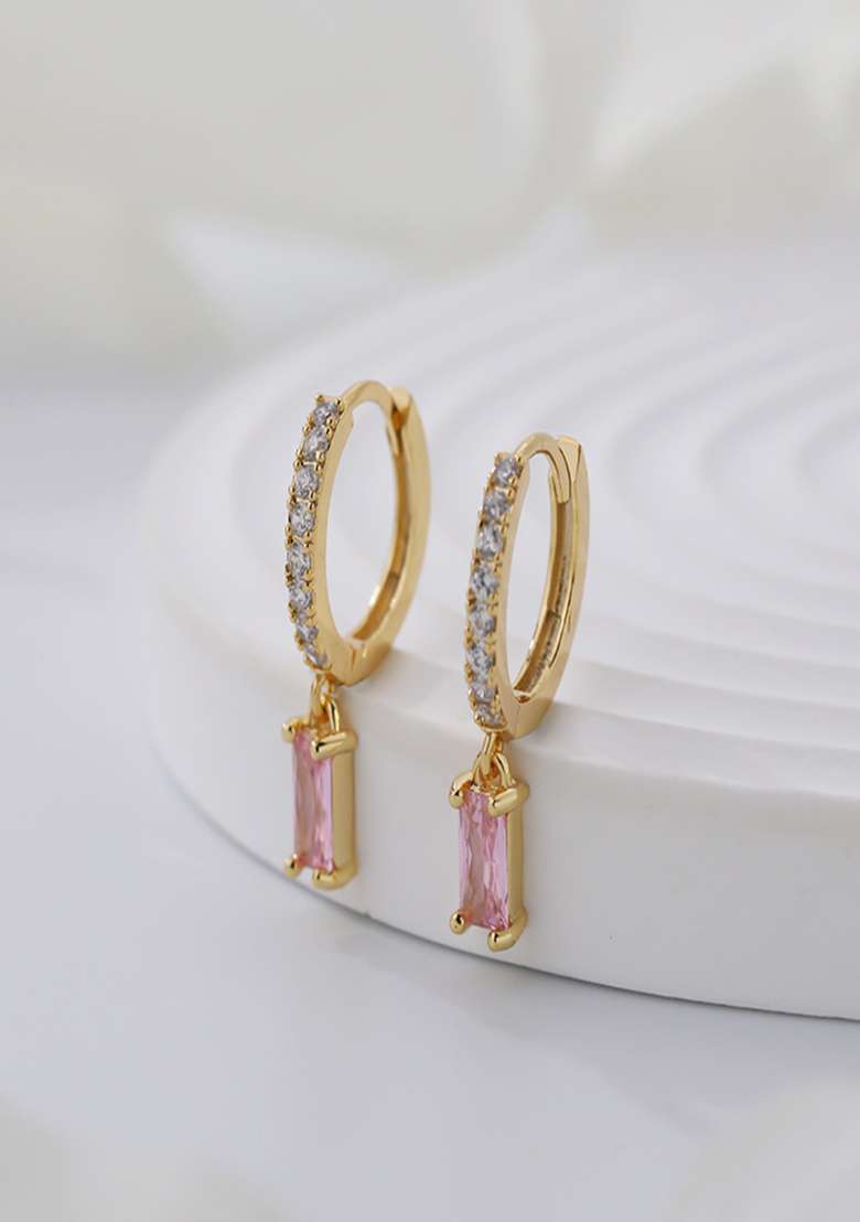 18K Gold Plated Waterproof Anti Tarnish Pink Zircon Drop Huggies - Indya