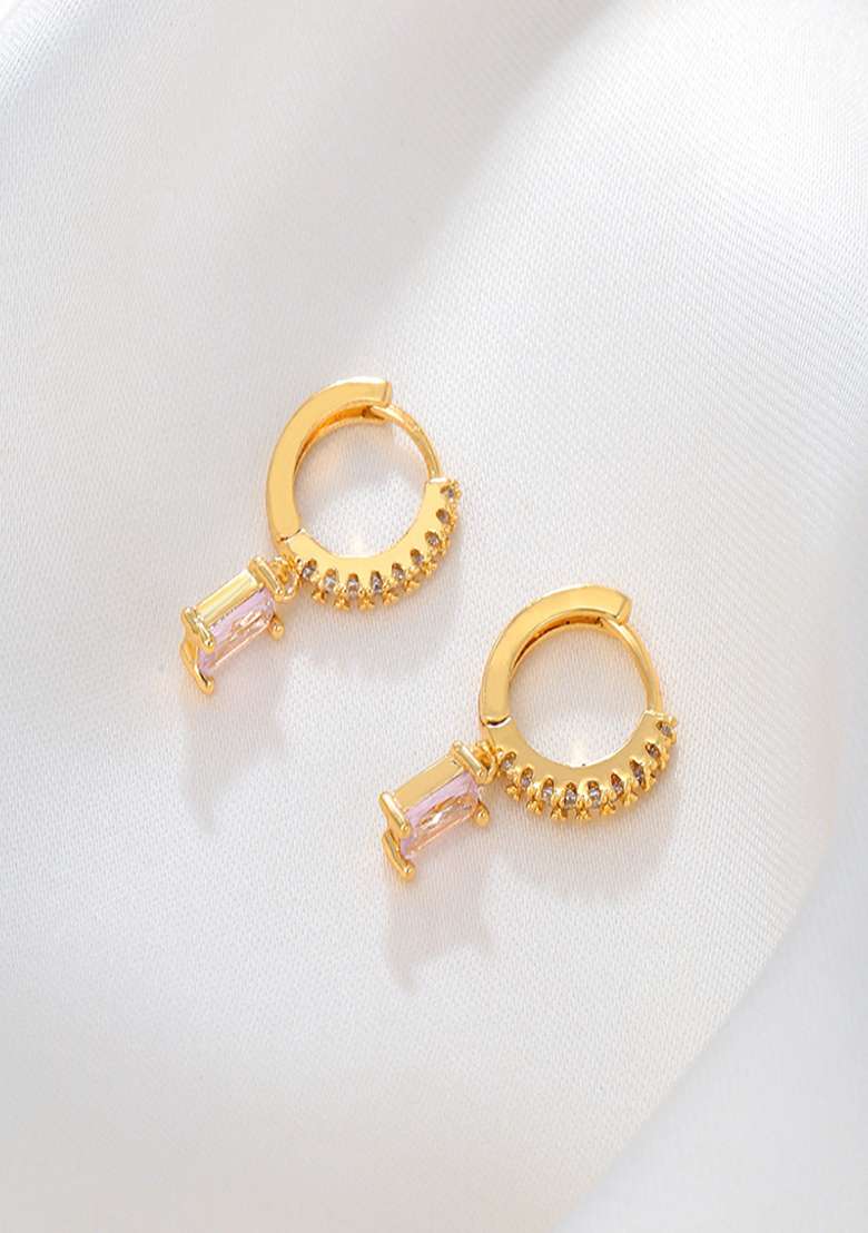 18K Gold Plated Waterproof Anti Tarnish Pink Zircon Drop Huggies - Indya