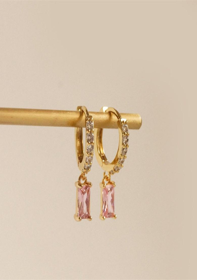 18K Gold Plated Waterproof Anti Tarnish Pink Zircon Drop Huggies