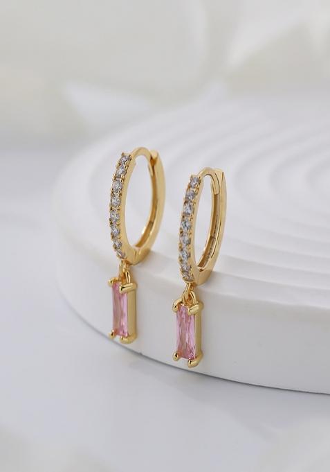 18K Gold Plated Waterproof Anti Tarnish Pink Zircon Drop Huggies