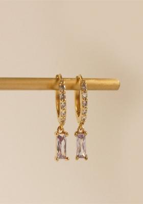 18K Gold Plated Waterproof Anti Tarnish Purple Zircon Drop Huggies