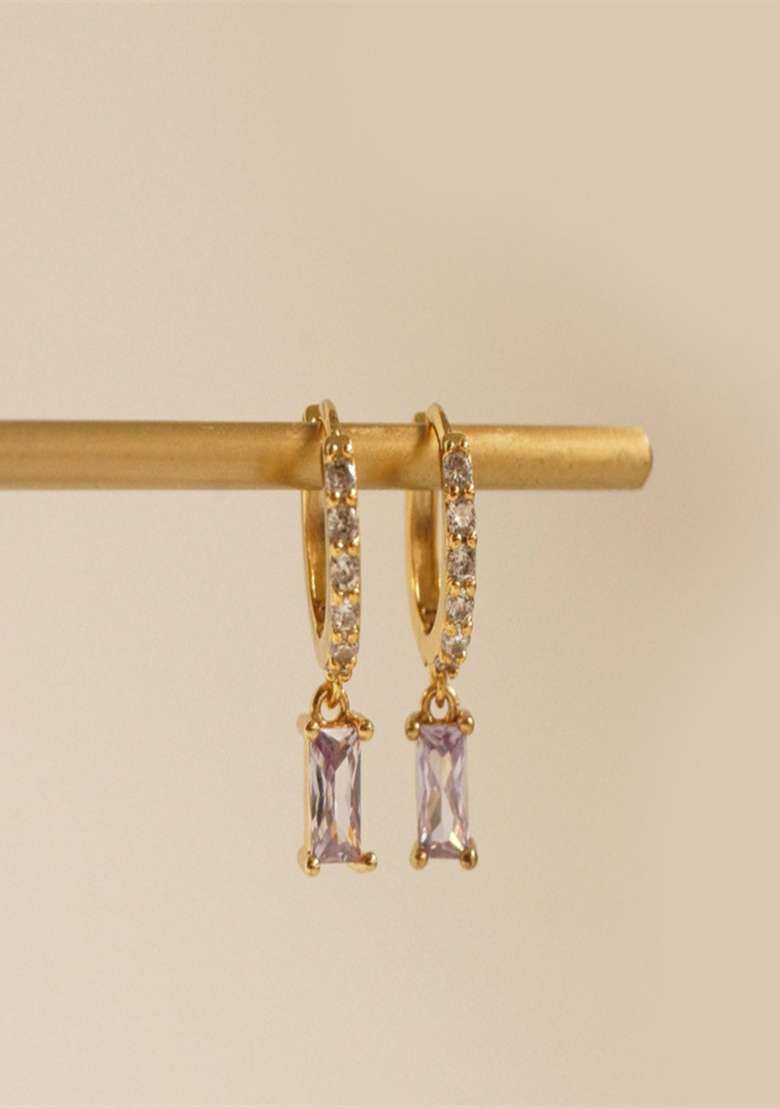 18K Gold Plated Waterproof Anti Tarnish Purple Zircon Drop Huggies - Indya