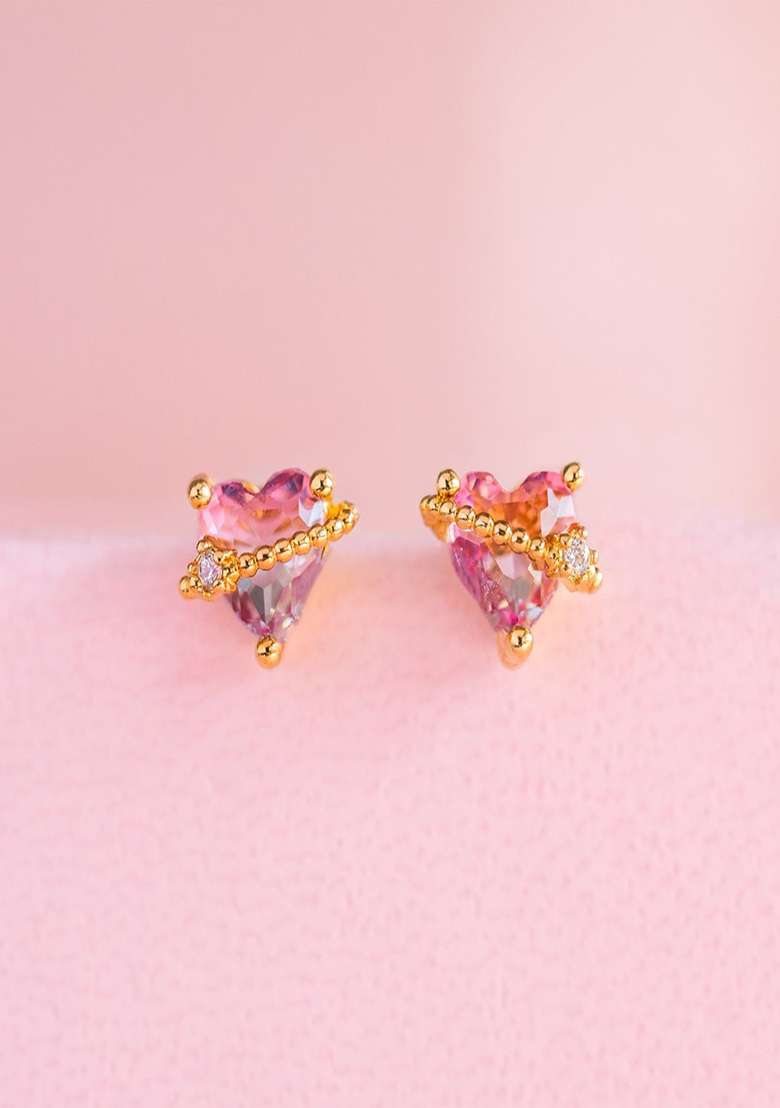 18K Gold Plated Waterproof Anti Tarnish Heart Zircon Studs - Indya
