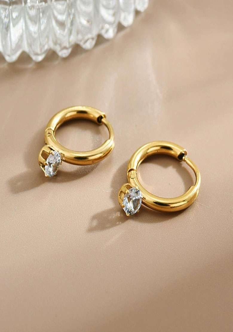 18K Gold Plated Waterproof Anti Tarnish Zircon Drop Huggie Hoop Earrings - Indya