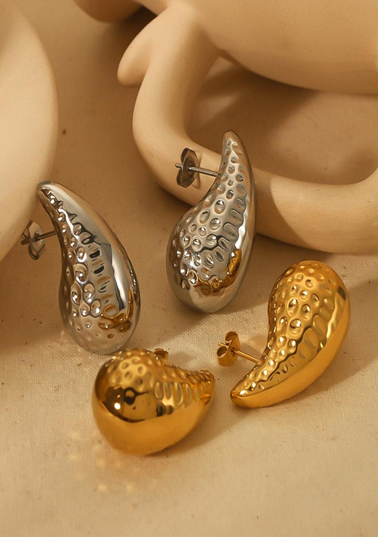 18K Gold Plated Waterproof Textured Tear Drop Shaped Bottega Stud Earrings