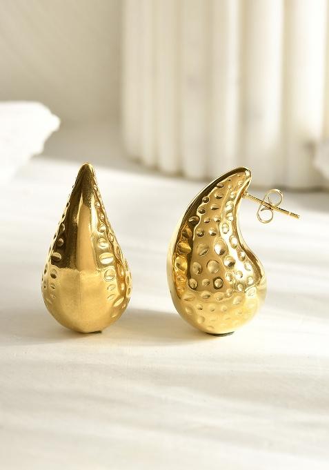18K Gold Plated Waterproof Textured Tear Drop Shaped Bottega Stud Earrings