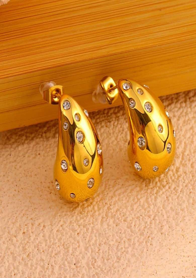 18K Gold Plated Waterproof Tear Drop Shaped Bottega Earrings With Zircons - Indya