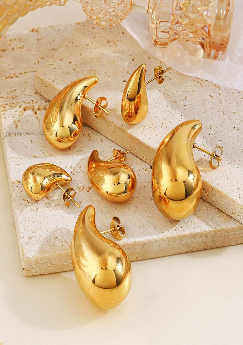 18K Gold Plated Waterproof Anti Tarnish Tear Drop Shaped Grande Bottega Earrings - Indya