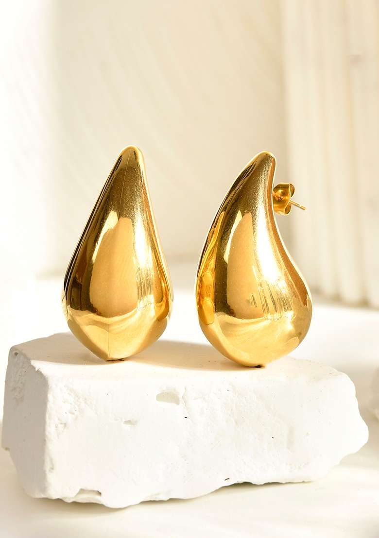 18K Gold Plated Waterproof Anti Tarnish Tear Drop Shaped Grande Bottega Earrings - Indya