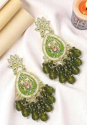 Gold Plated Kundan Green Meenakari Teardrop Earrings