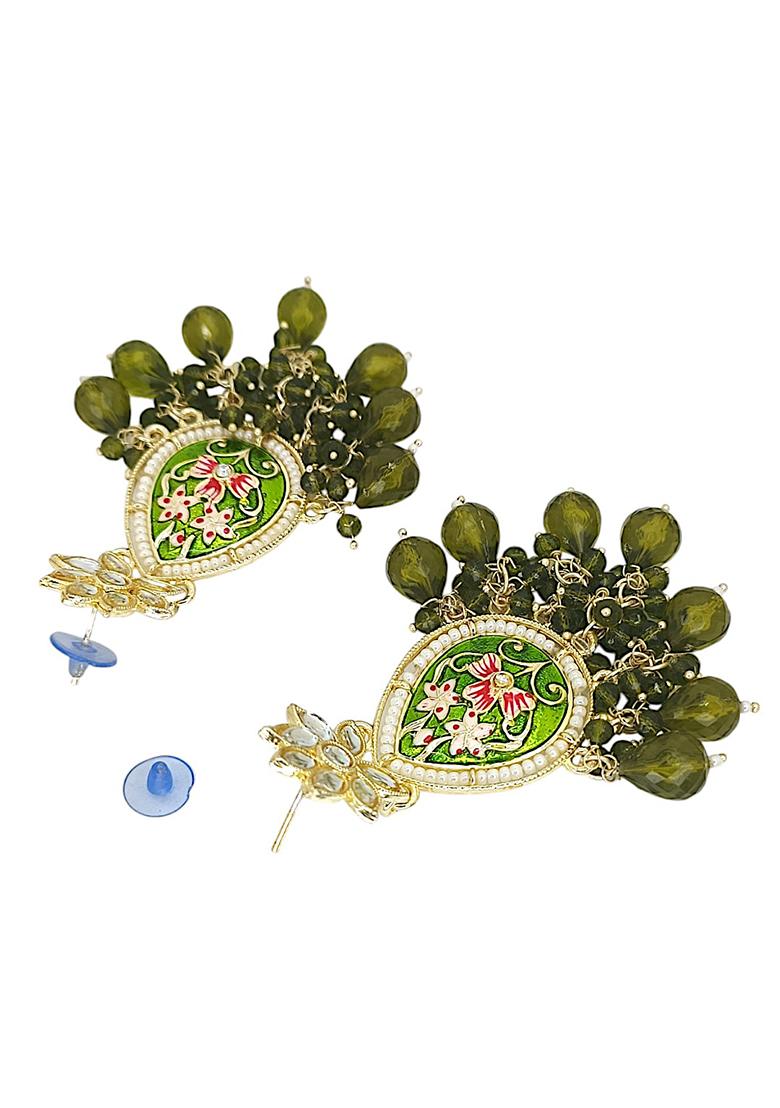 Gold Plated Kundan Green Meenakari Teardrop Earrings
