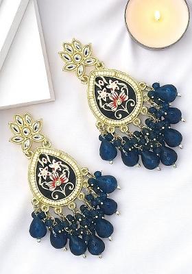 Gold Plated Kundan Navy Blue Meenakari Teardrop Earrings