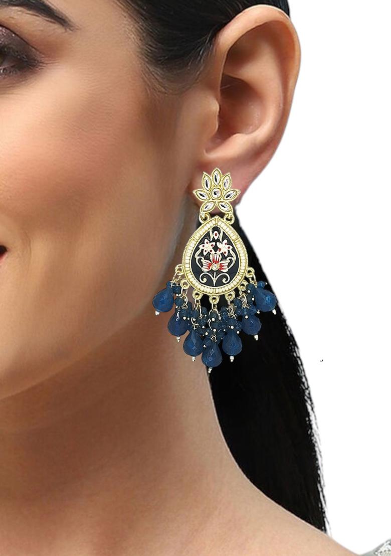 Gold Plated Kundan Navy Blue Meenakari Teardrop Earrings
