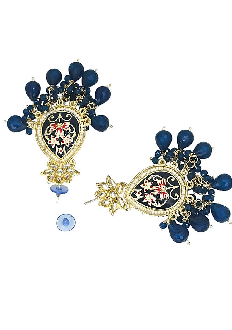 Gold Plated Kundan Navy Blue Meenakari Teardrop Earrings