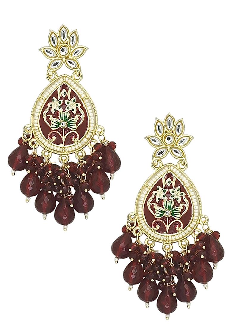 Gold Plated Kundan Maroon Meenakari Teardrop Earrings