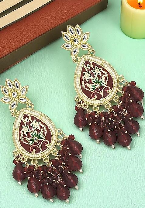 Gold Plated Kundan Maroon Meenakari Teardrop Earrings