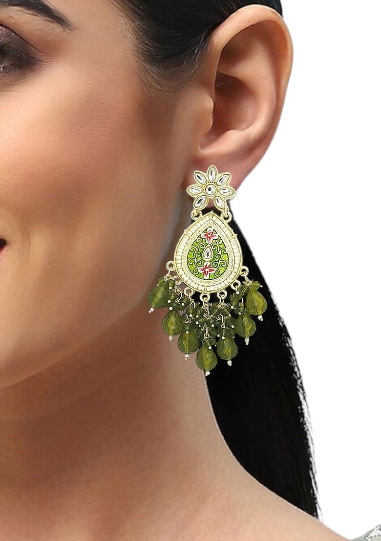 Gold Plated Kundan Green Meenakari Teardrop Earrings