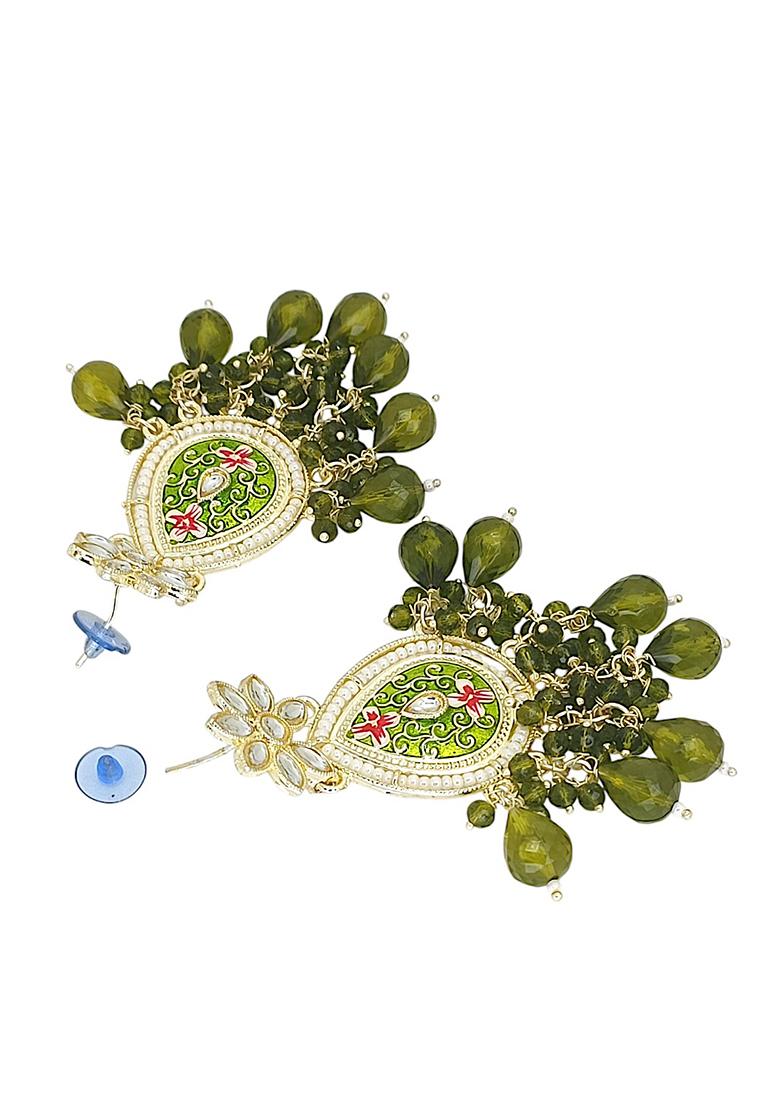 Gold Plated Kundan Green Meenakari Teardrop Earrings