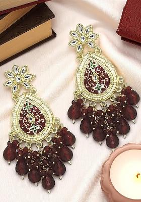 Gold Plated Kundan Maroon Meenakari Teardrop Earrings