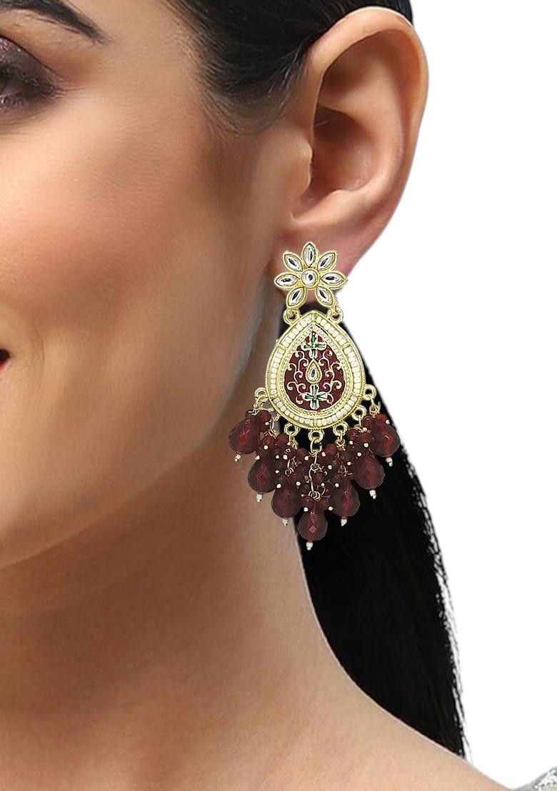 Gold Plated Kundan Maroon Meenakari Teardrop Earrings