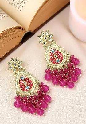 Gold Plated Kundan Pink Meenakari Teardrop Earrings
