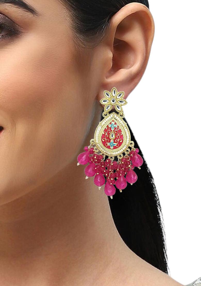 Gold Plated Kundan Pink Meenakari Teardrop Earrings