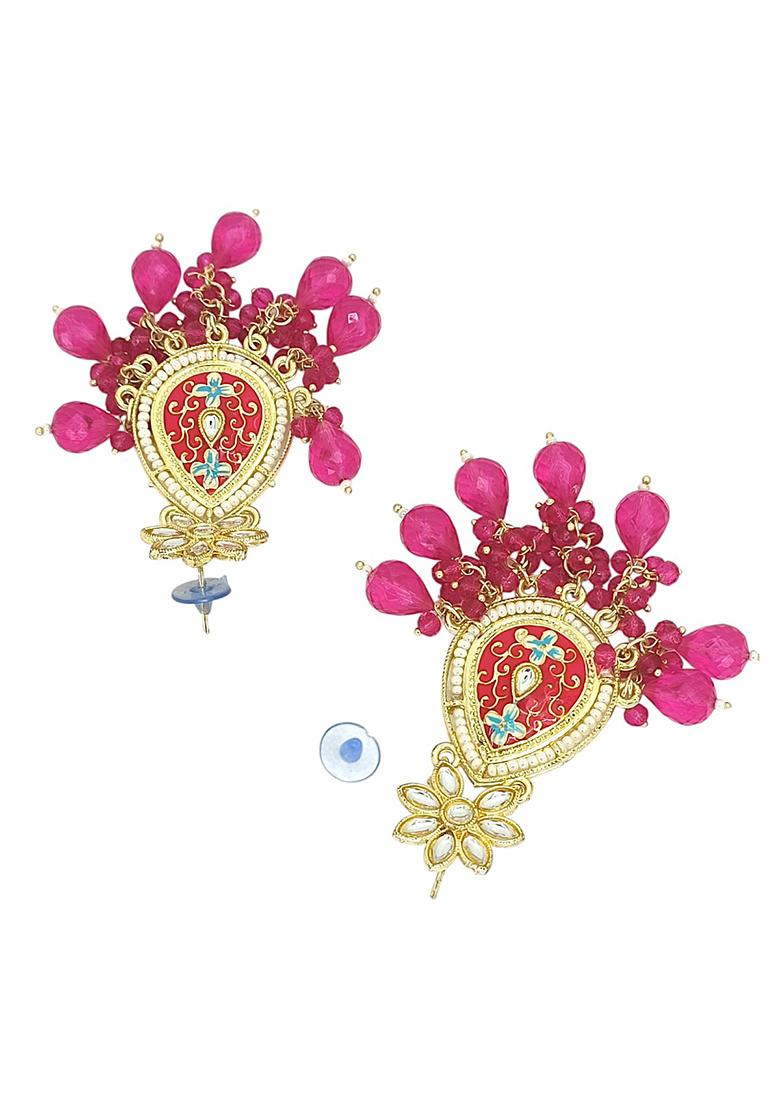 Gold Plated Kundan Pink Meenakari Teardrop Earrings