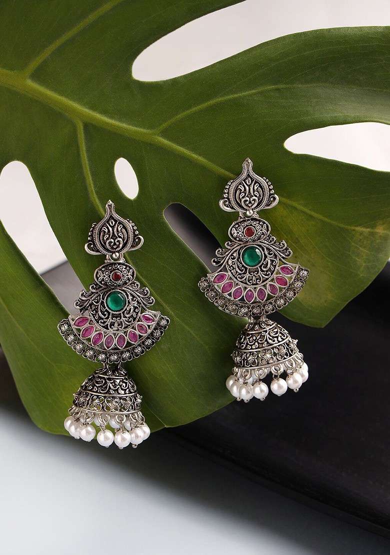 Silver Toned Peacock Shaped Jhumkas Earrings - Indya