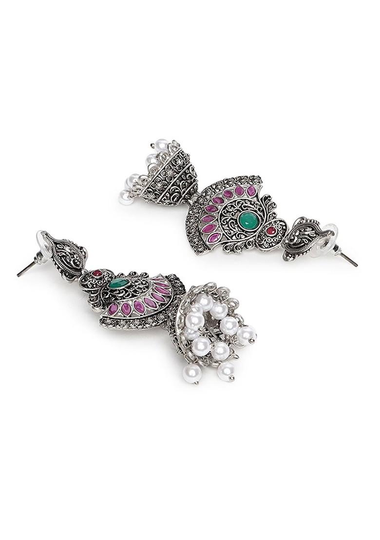 Silver Toned Peacock Shaped Jhumkas Earrings