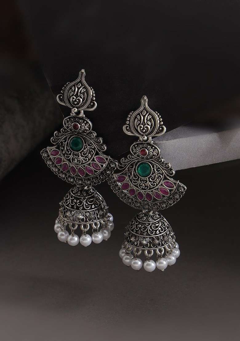 Silver Toned Peacock Shaped Jhumkas Earrings - Indya