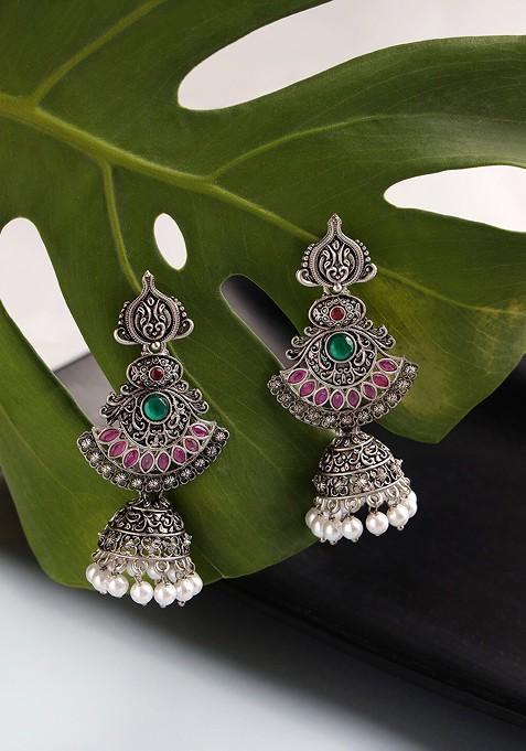 Silver Toned Peacock Shaped Jhumkas Earrings