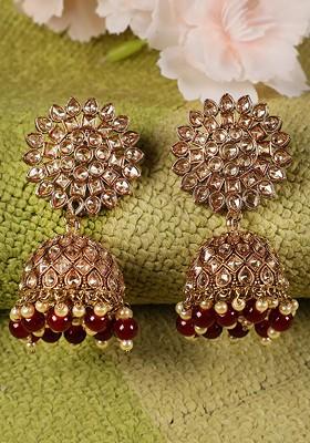 Gold Toned And Maroon Circular Jhumkas Earrings