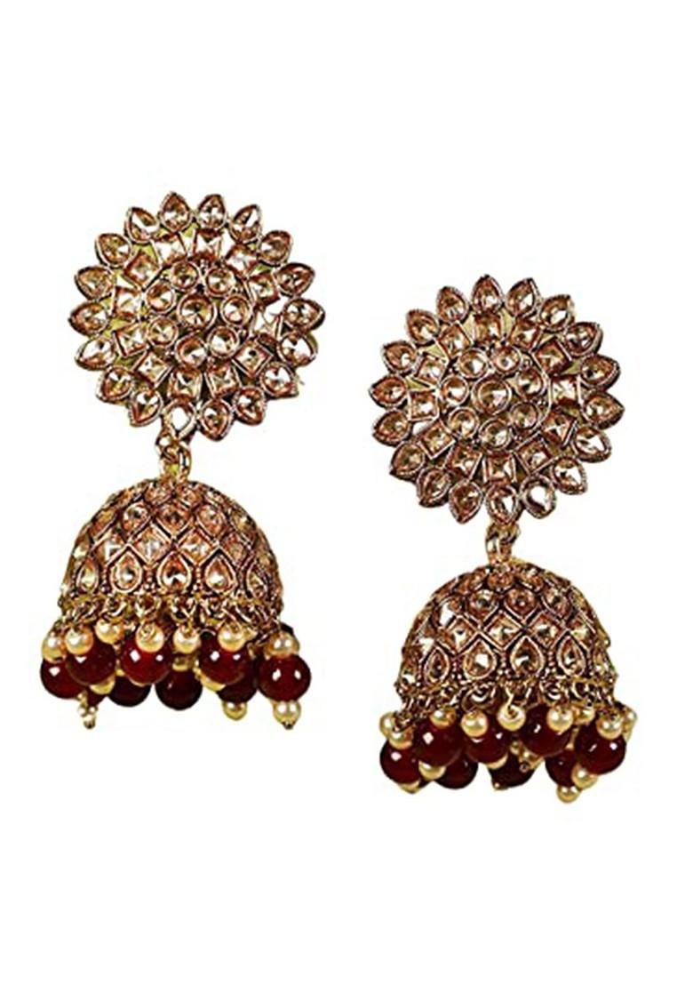 Gold Toned And Maroon Circular Jhumkas Earrings