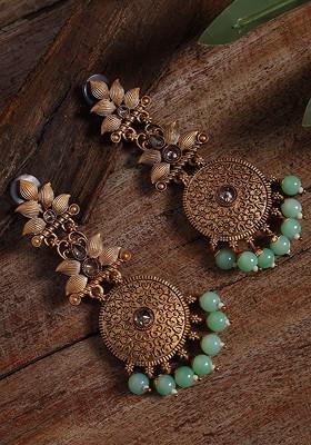 Women Gold Toned And Green Floral Drop Earrings