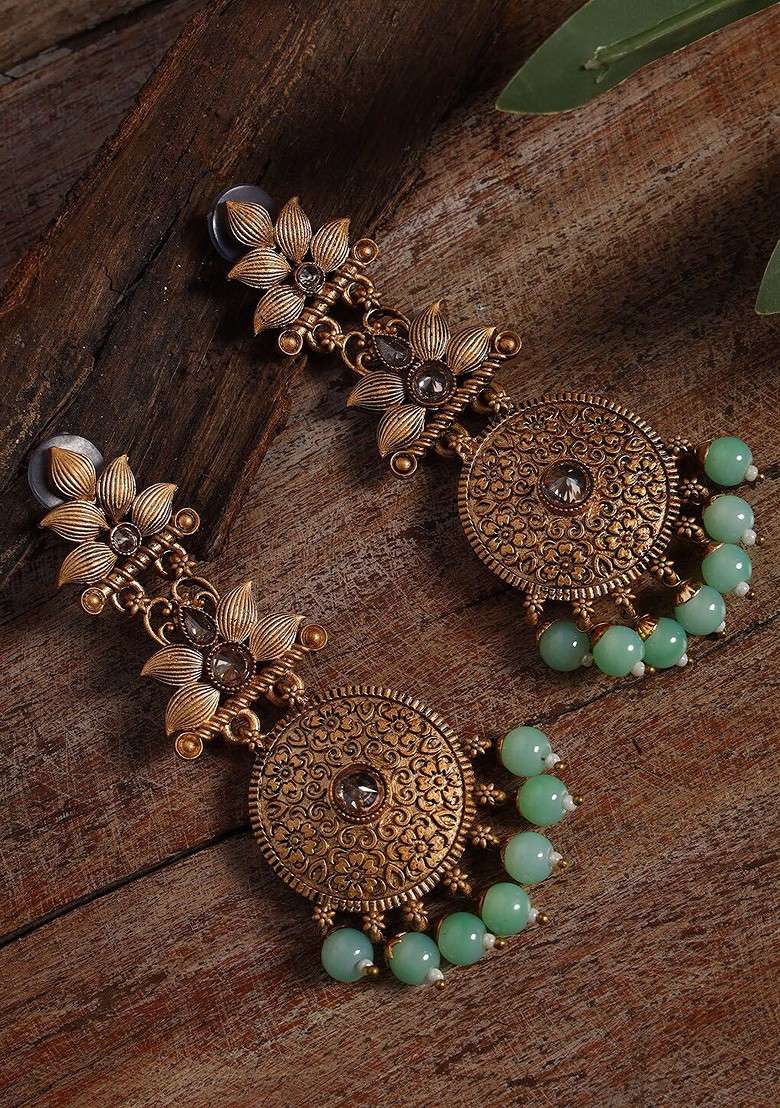 Women Gold Toned And Green Floral Drop Earrings - Indya