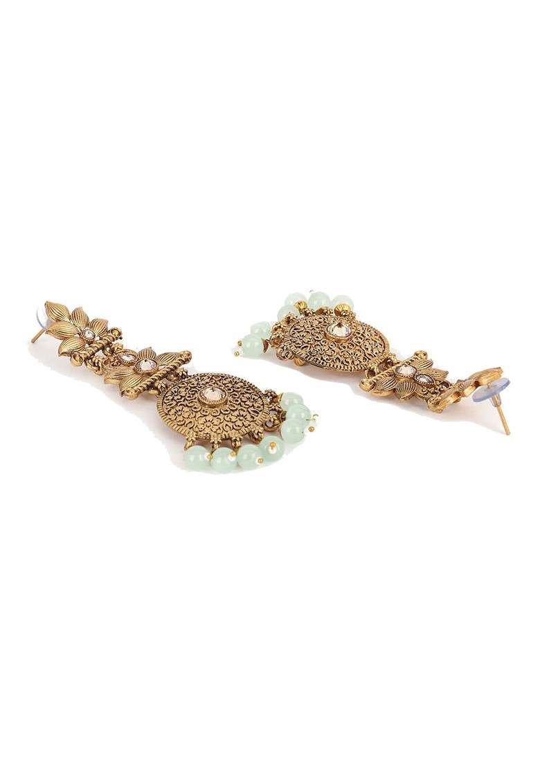 Women Gold Toned And Green Floral Drop Earrings - Indya