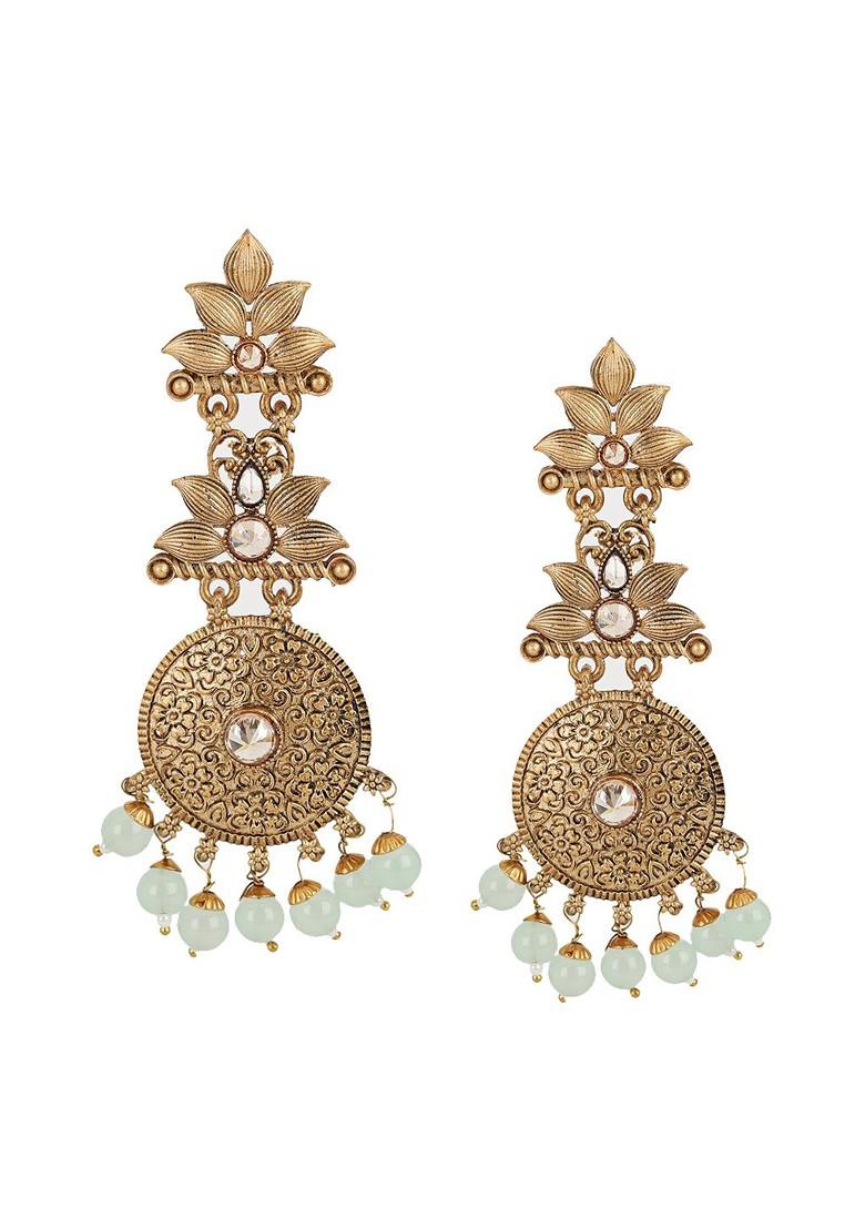 Women Gold Toned And Green Floral Drop Earrings