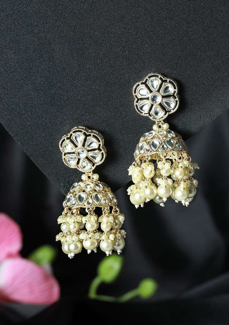 Gold Toned Floral Beads Kundan Studded And Beaded Jhumkas Earrings - Indya
