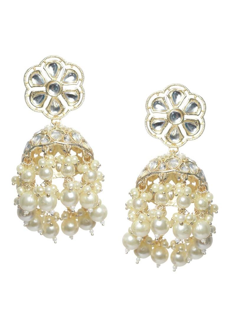 Gold Toned Floral Beads Kundan Studded And Beaded Jhumkas Earrings