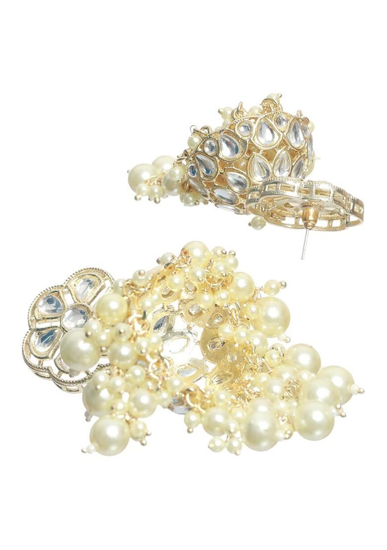 Gold Toned Floral Beads Kundan Studded And Beaded Jhumkas Earrings