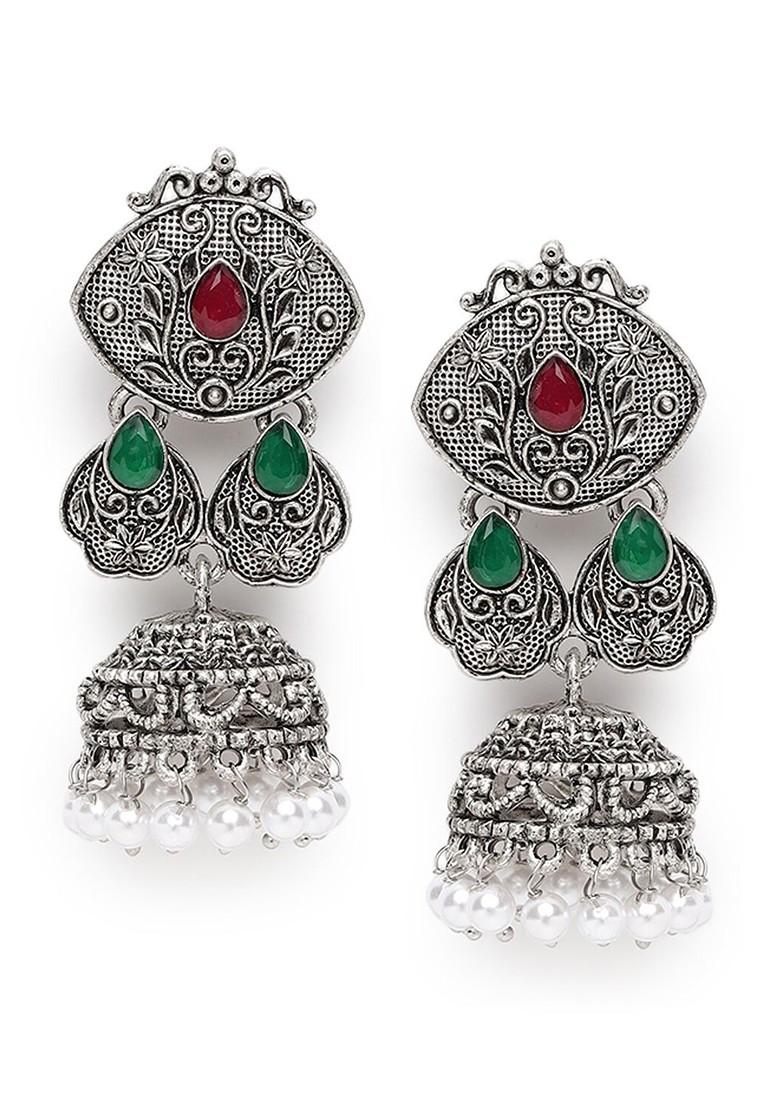 Women Silver Toned Ruby And Green Contemporary Jhumkas Earrings