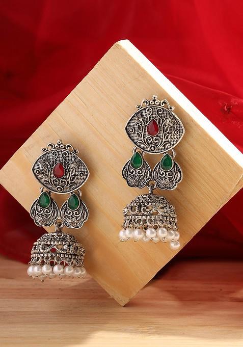 Women Silver Toned Ruby And Green Contemporary Jhumkas Earrings