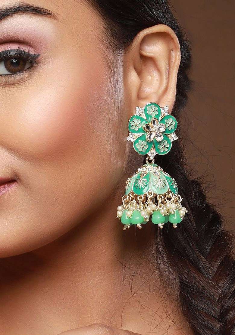 Gold Plated Stone Studded Dome Shaped Jhumkas - Indya
