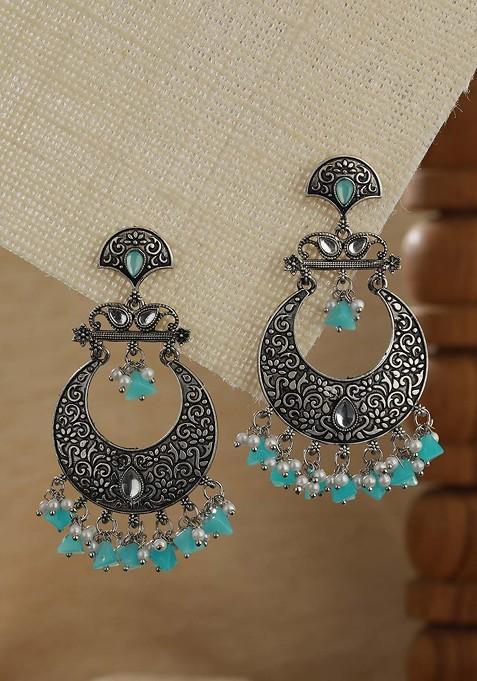 Silver Plated Stone Studded Crescent Shaped Chandbalis