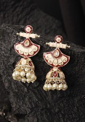 Gold Plated Beaded Dome Shaped Meenakari Jhumkas